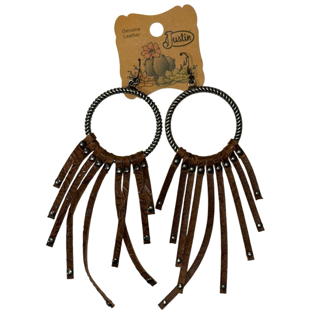 New Justin Metal & Leather Fringe Western Hoop Earrings